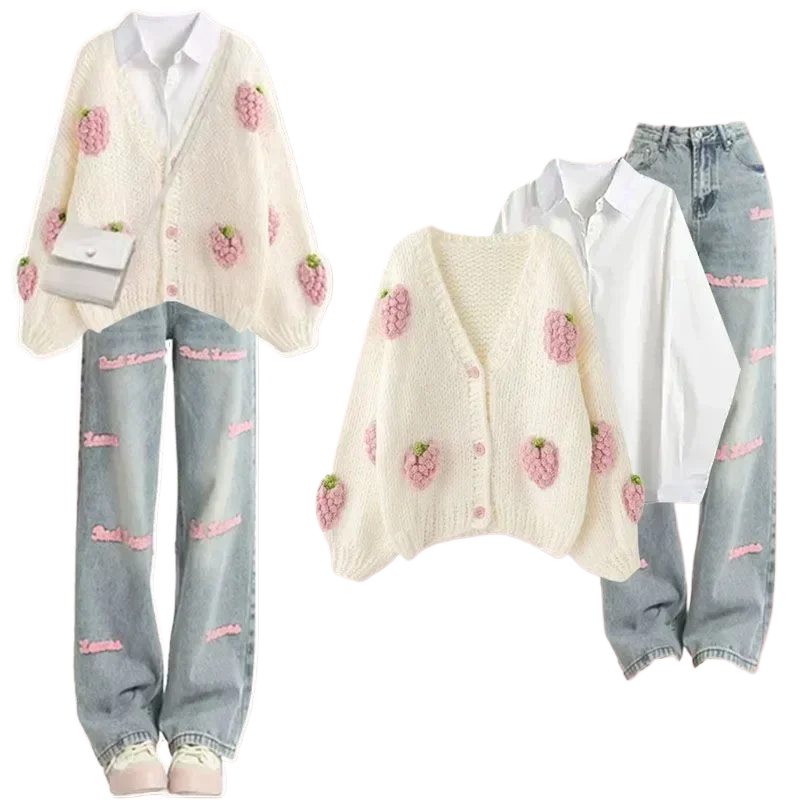 Spring Autumn Women Sweet Strawberry Sweater Cardigan Shirts Denim Pants 1 or 3 Piece Set Lady Fashion Knit Tops Jeans Outfits