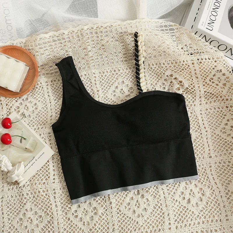 Sexy solid color crop tops sports spaghetti strap tanke top women built in bra off shoulder sleeveless omighty camisole hot