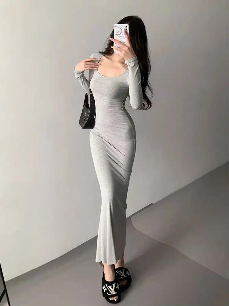 Slimming Square Neck Long Sleeve Fish Tail Gown Women's Early Spring New Style Elegance Knee-Length Bodycon Dress