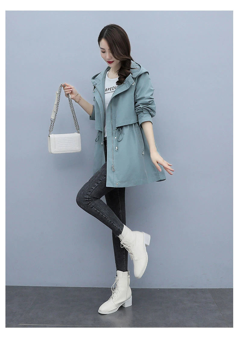 Spring and Autumn 2023 Women's Mid-length Trench Coat Hooded Zipper Tie-in Jackets British Style Loose Coats Women's Clothing