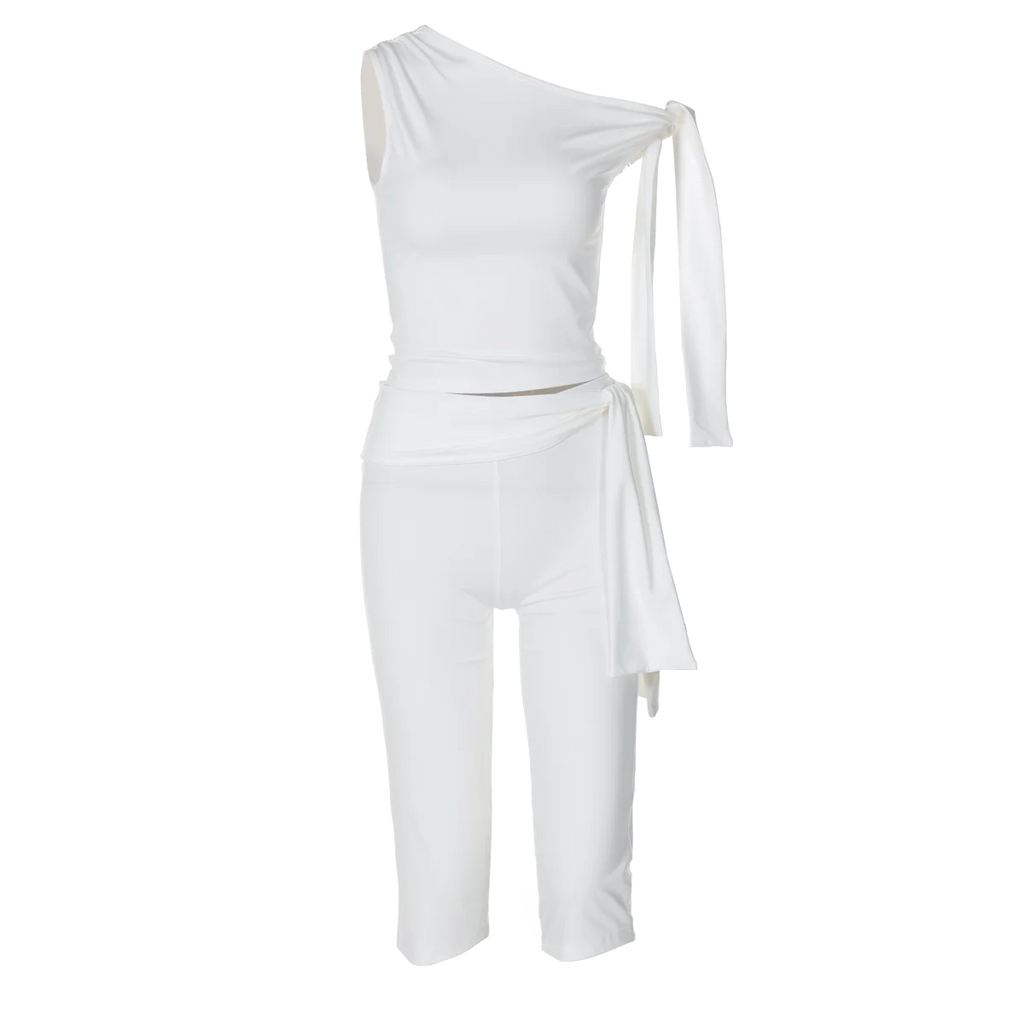 Hugcitar Fashion 2 Pcs Sets Solid One Shoulder Sleeveless Draped Sexy Top Knee Length Pants Women Y2K Outfits Festival Party