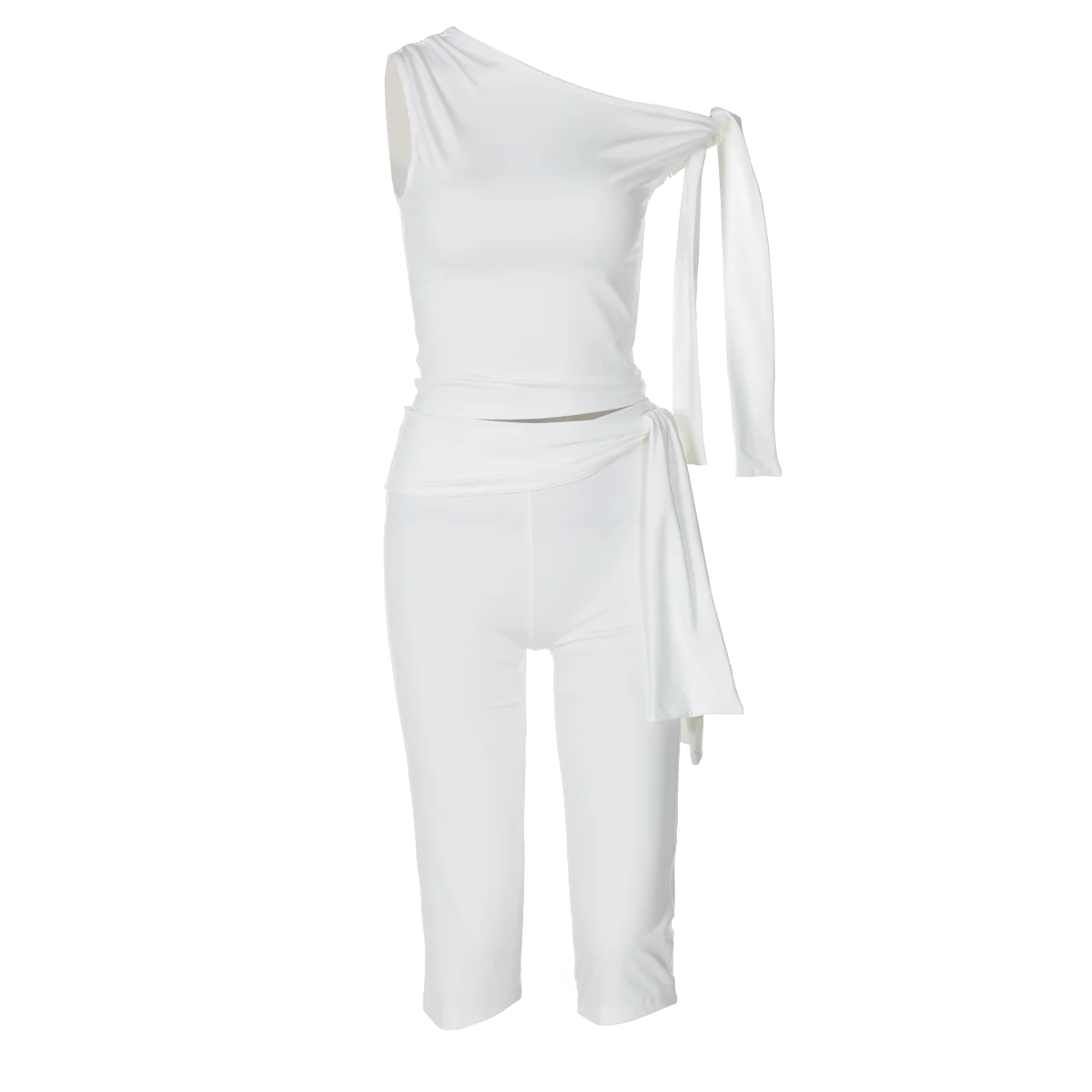 Hugcitar Fashion 2 Pcs Sets Solid One Shoulder Sleeveless Draped Sexy Top Knee Length Pants Women Y2K Outfits Festival Party