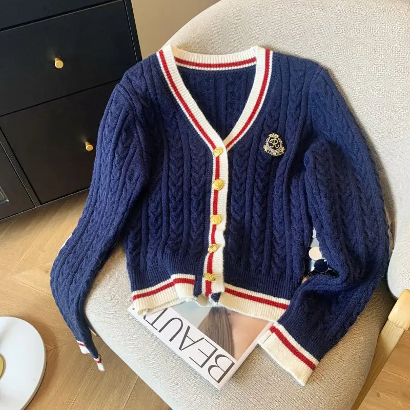 2025 Autumn Winter Preppy Style V-Neck Knitting Long Sleeve Cardigan Women Casual Appliques Single Breasted Female Loose Sweater