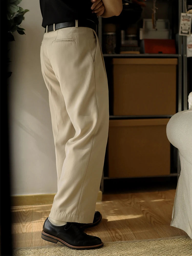 2025 Spring Trendy Mens Trousers Solid Color Pleated Loose Straight Pants Men Leisure Breathable Suit Trousers Men's Clothing