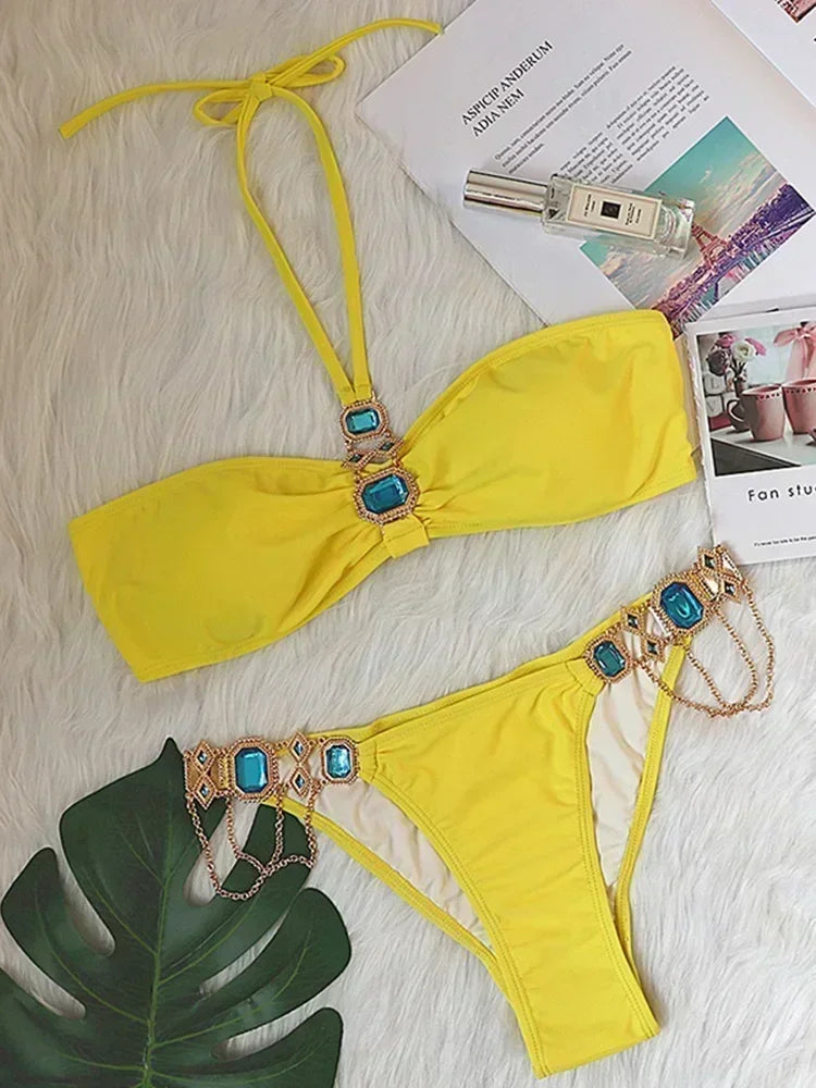 2025 Rhinestone Swimsuit Women Bikinis Crystal Diamond Bikini Set Metal Chain Swimwear female Luxury Aristocratic Swimming Suit