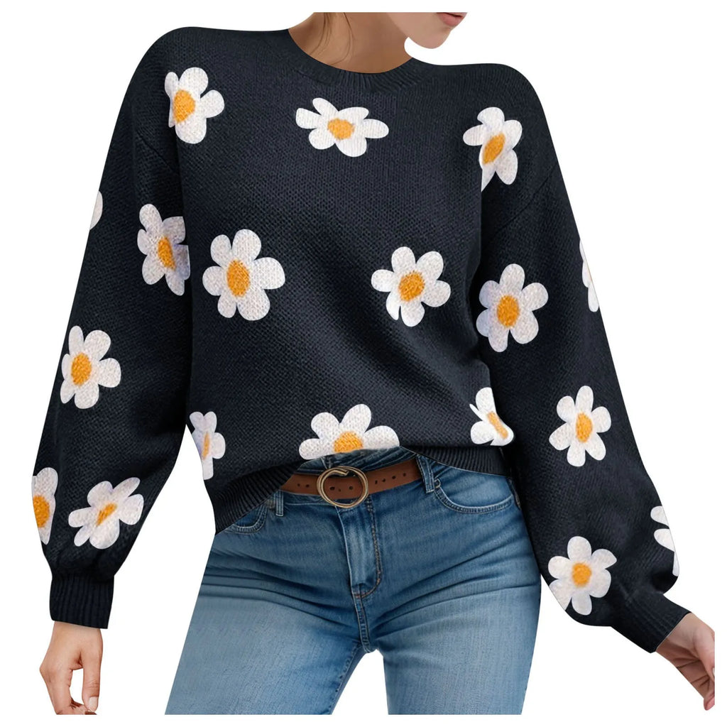 2024 Fall Sweater Women Fashion Round Neck Flower Printed Long Sleeve Ribbed Knitted Pullover Popular Top Autumn Winter Outfits