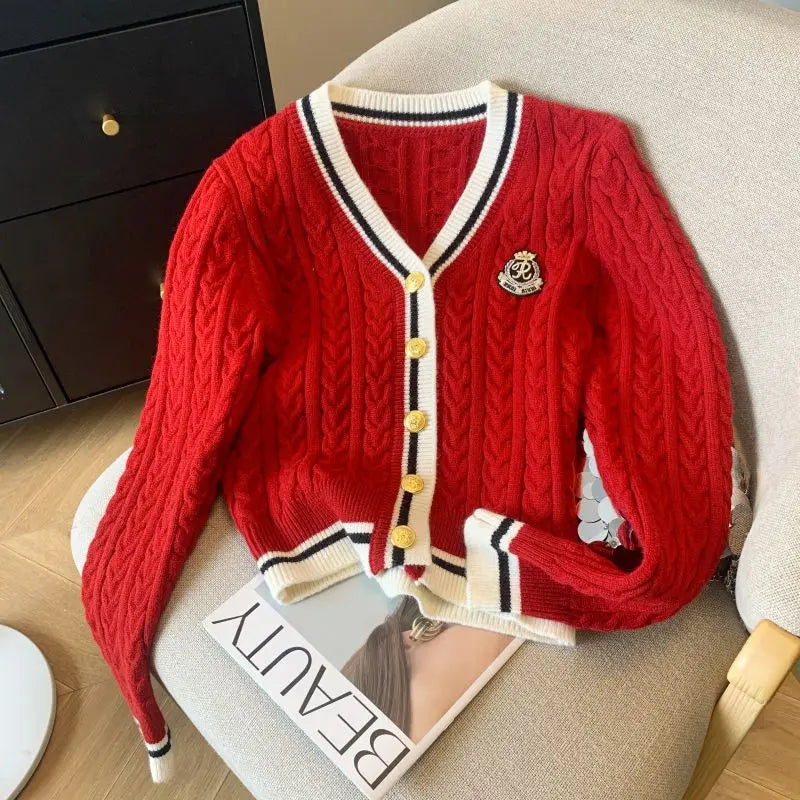 2025 Autumn Winter Preppy Style V-Neck Knitting Long Sleeve Cardigan Women Casual Appliques Single Breasted Female Loose Sweater