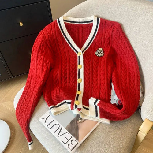 2025 Autumn Winter Preppy Style V-Neck Knitting Long Sleeve Cardigan Women Casual Appliques Single Breasted Female Loose Sweater