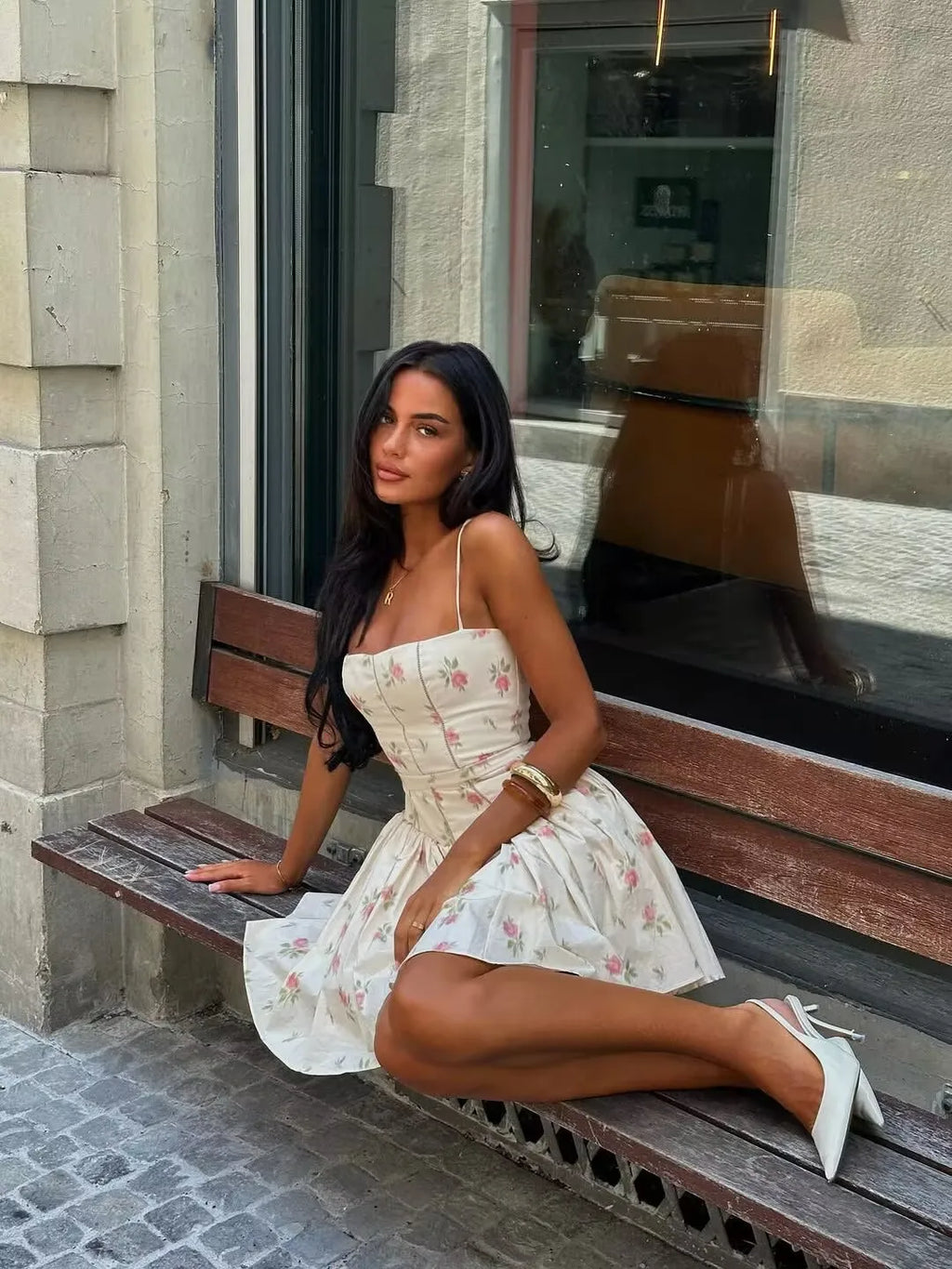 YENKYE Sexy Spaghetti Straps Floral Print Mini Dresses Women Low Waist A-line Summer Vacation Party Robe