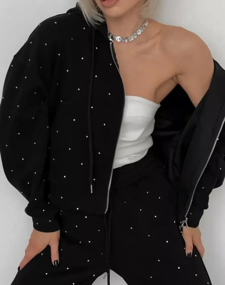 Two Pieces Pant Sets Women Matching Sets Hot Fix Rhinestone Zipper Hooded Coat Drawstring Waist Pants Loose Casual 2026 Winter