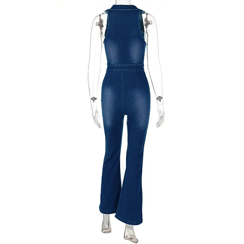 Hugcitar Denim Jumpsuit V Neck Zipper Bell Sleeveless Sexy Outifts Elegant Backpacker  Party Summer 2023