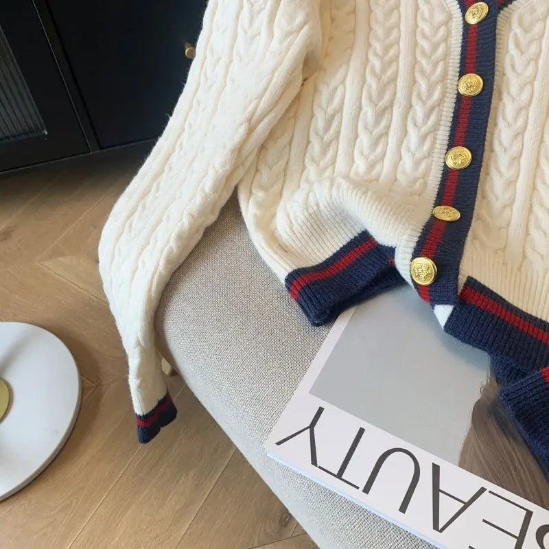 2025 Autumn Winter Preppy Style V-Neck Knitting Long Sleeve Cardigan Women Casual Appliques Single Breasted Female Loose Sweater
