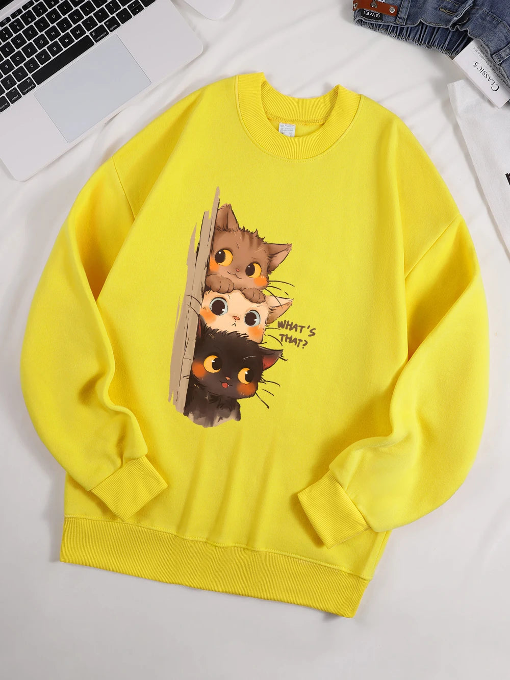Three Little Cats Are Secretly Watching You Print Hoodie Women Street Loose Sweatshirt Basics Sporty Pullover Winter Clothes