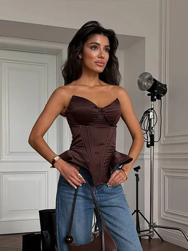 Sexy Fishbone Strapless Short Top Women Chic Sleeveless Off-shoulder Backless Waist Cinching Tops 2026 Lady Evening Party Blouse