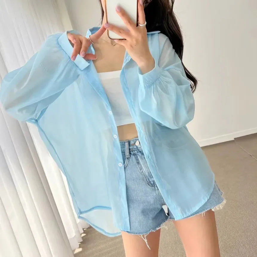 2025 Colors Shirts Women Sheer Thin Chic Summer Simple Solid Sun-proof Temper Fashion Baggy All-match Basic Korean Style Clothes