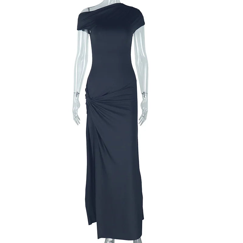 Leosoxs Elegant White Maxi Dresses for Women Irregular Short Sleeve High Split Pleated Bodycon Dress Female Party Evening Robe