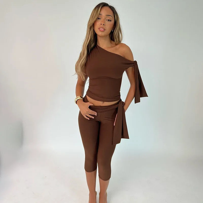 Hugcitar Fashion 2 Pcs Sets Solid One Shoulder Sleeveless Draped Sexy Top Knee Length Pants Women Y2K Outfits Festival Party