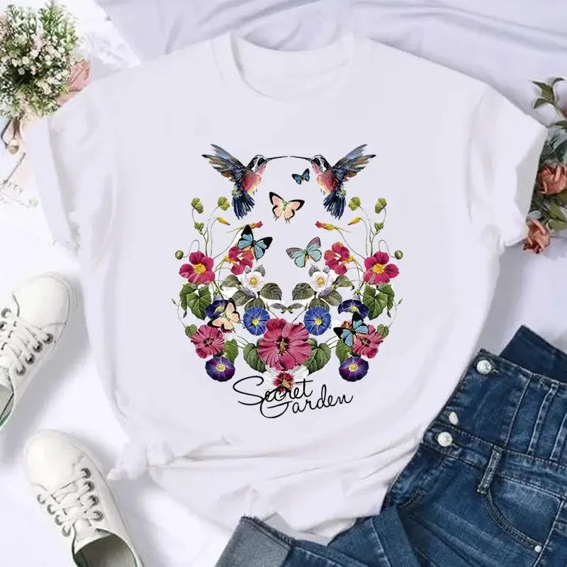 Women's Moon Print Short Sleeve T-Shirt Casual Cartoon Print Retro T-Shirt Graphic T Shirts Women Clothing Summer Streetwear Y2K