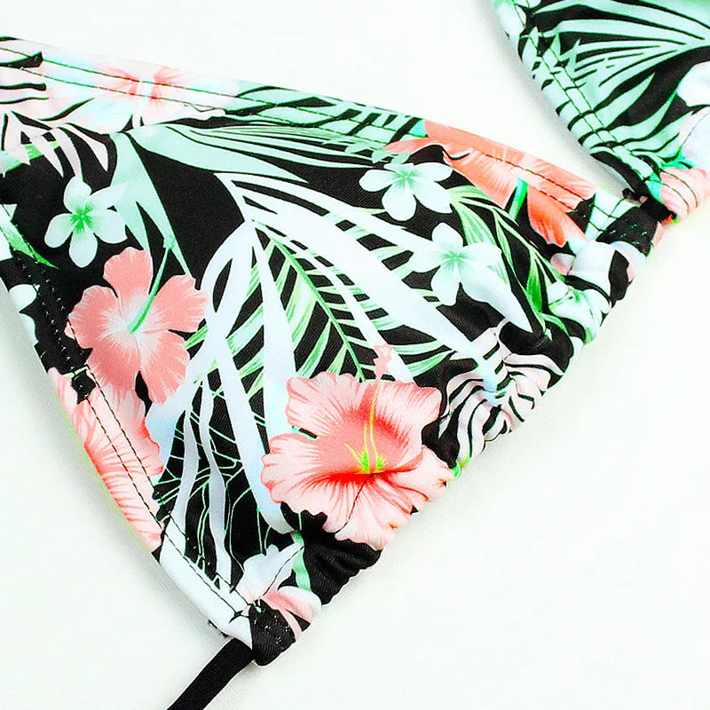 Leaves Print Swimsuit for Women,low Waist Drawstring Bikini,2-piece Swimwear,V-neck Susupender Backless Bathing Suit,beachwear