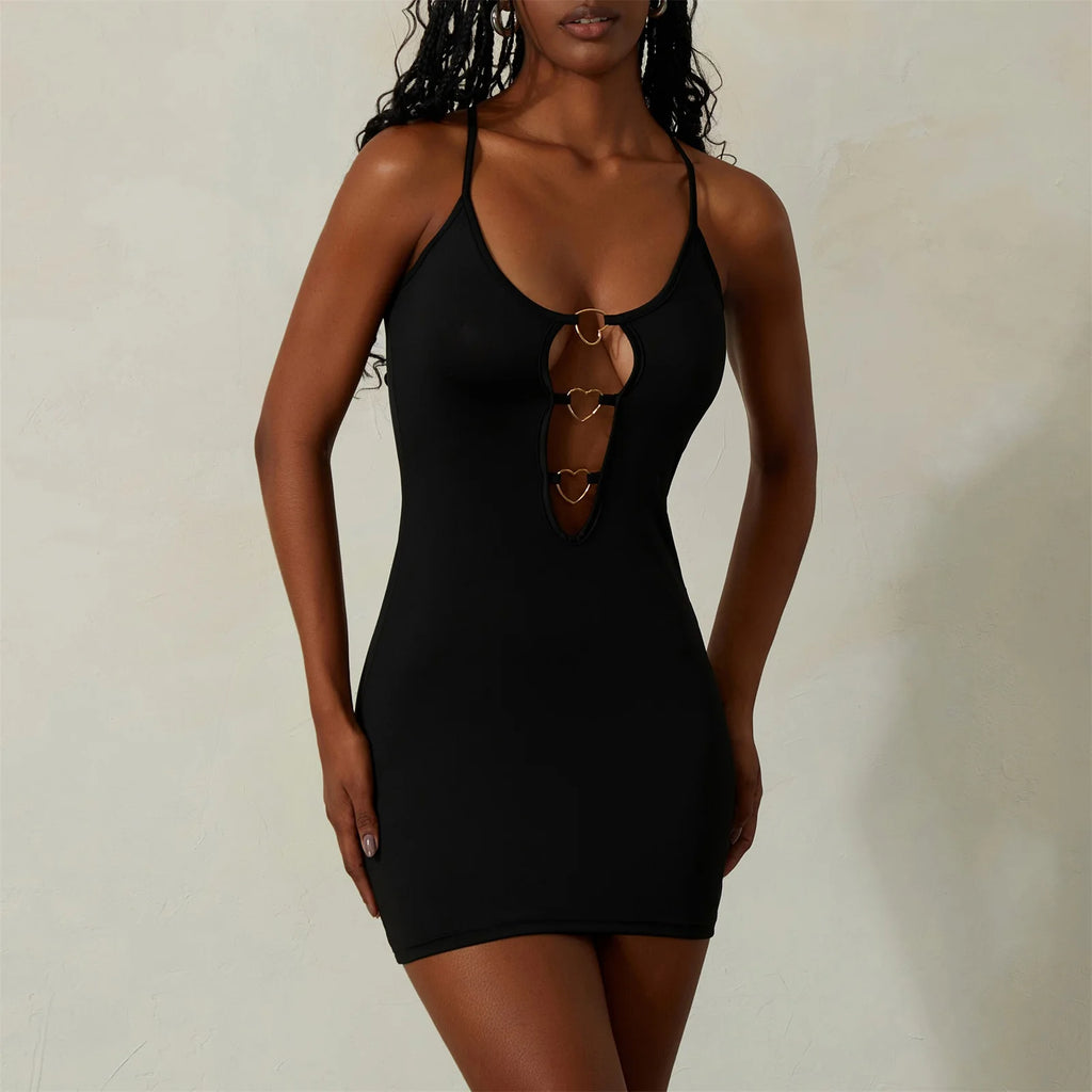 Women Bodycon Dress Party Wear Elegant Spaghetti Strap Mini Dress Metal Ring Cutout Backless Dresses Heart Sleeveless Vestidos