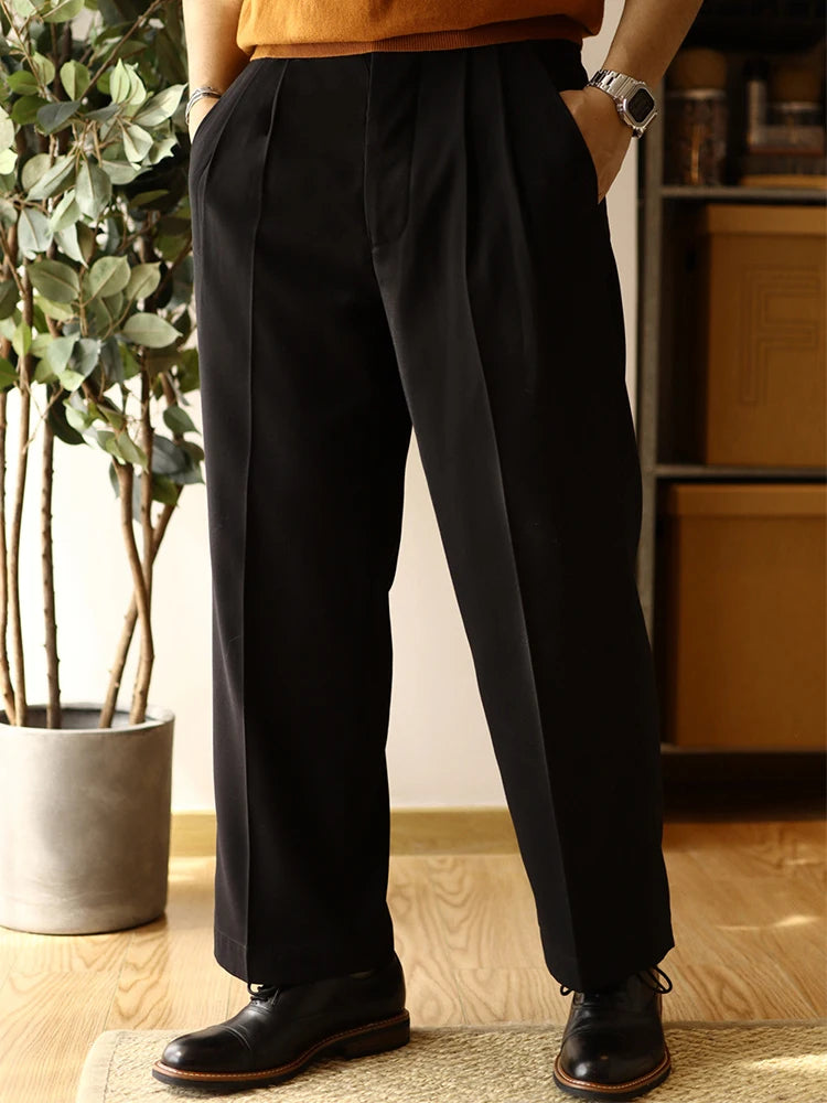 2025 Spring Trendy Mens Trousers Solid Color Pleated Loose Straight Pants Men Leisure Breathable Suit Trousers Men's Clothing