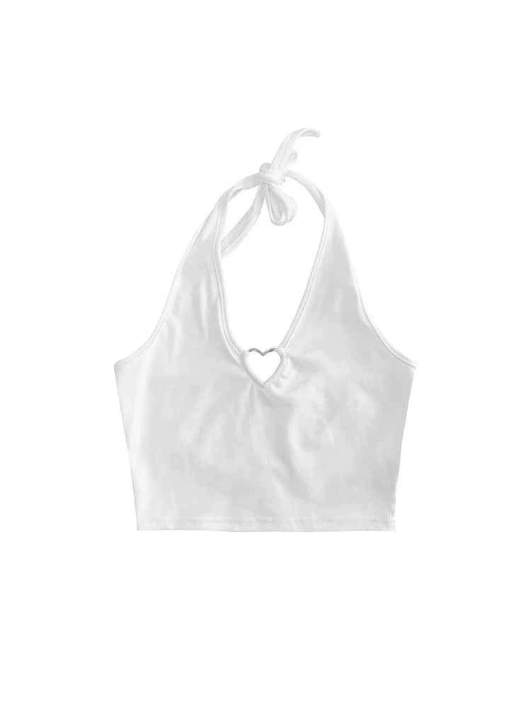 Women V Neck Hearted Hollow Out Halter Camis Tank Tops  Summer Fashion Slim Cropped Lace Up Camisole