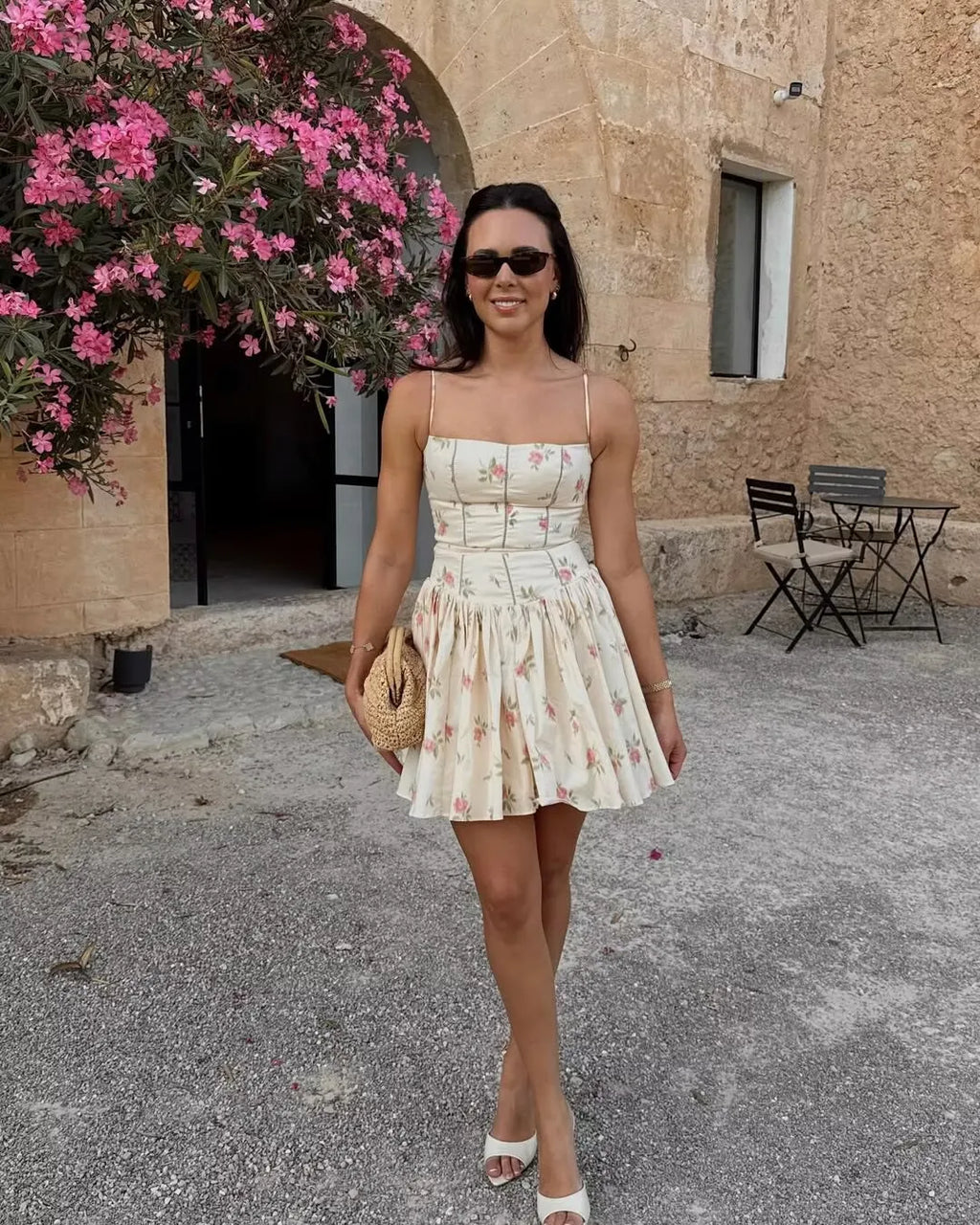 YENKYE Sexy Spaghetti Straps Floral Print Mini Dresses Women Low Waist A-line Summer Vacation Party Robe