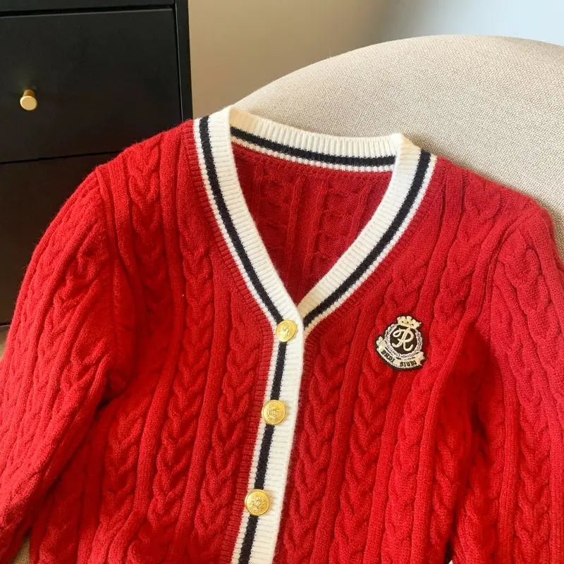 2025 Autumn Winter Preppy Style V-Neck Knitting Long Sleeve Cardigan Women Casual Appliques Single Breasted Female Loose Sweater