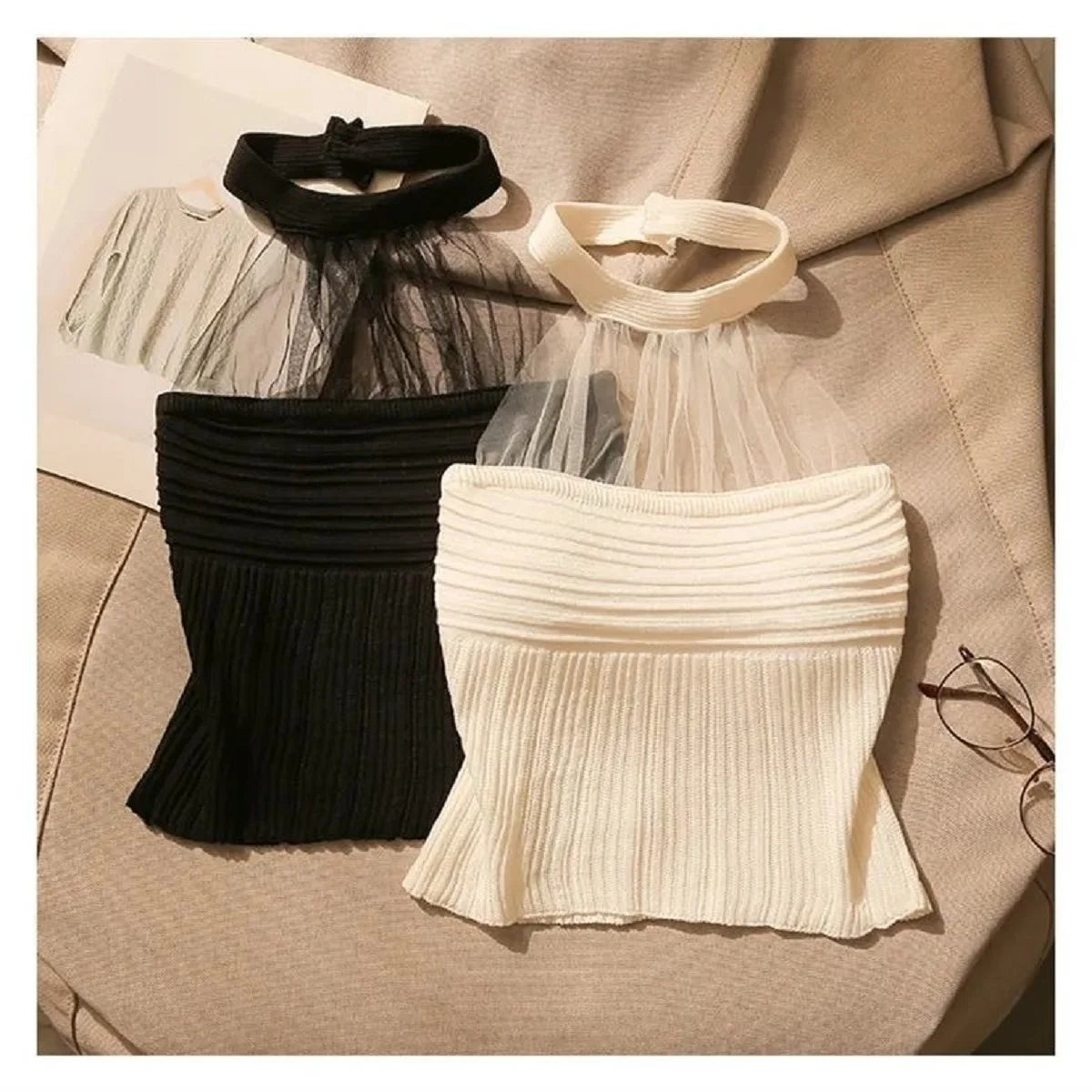 Women Tank Top Mesh Halter Neck Knitted Short Vest Korean Fashion Style Pure Hot Gilr Sexy Knit Girl Pullover Clothing