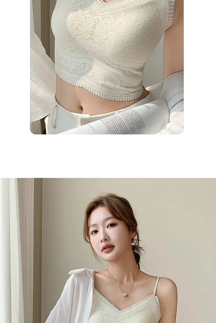 The New Women's Lace Vest with Seamless Small Halter Wrap Chest Seamless Underwear One Cup Anti-slip Bra Y2k Top Tank Top Halter