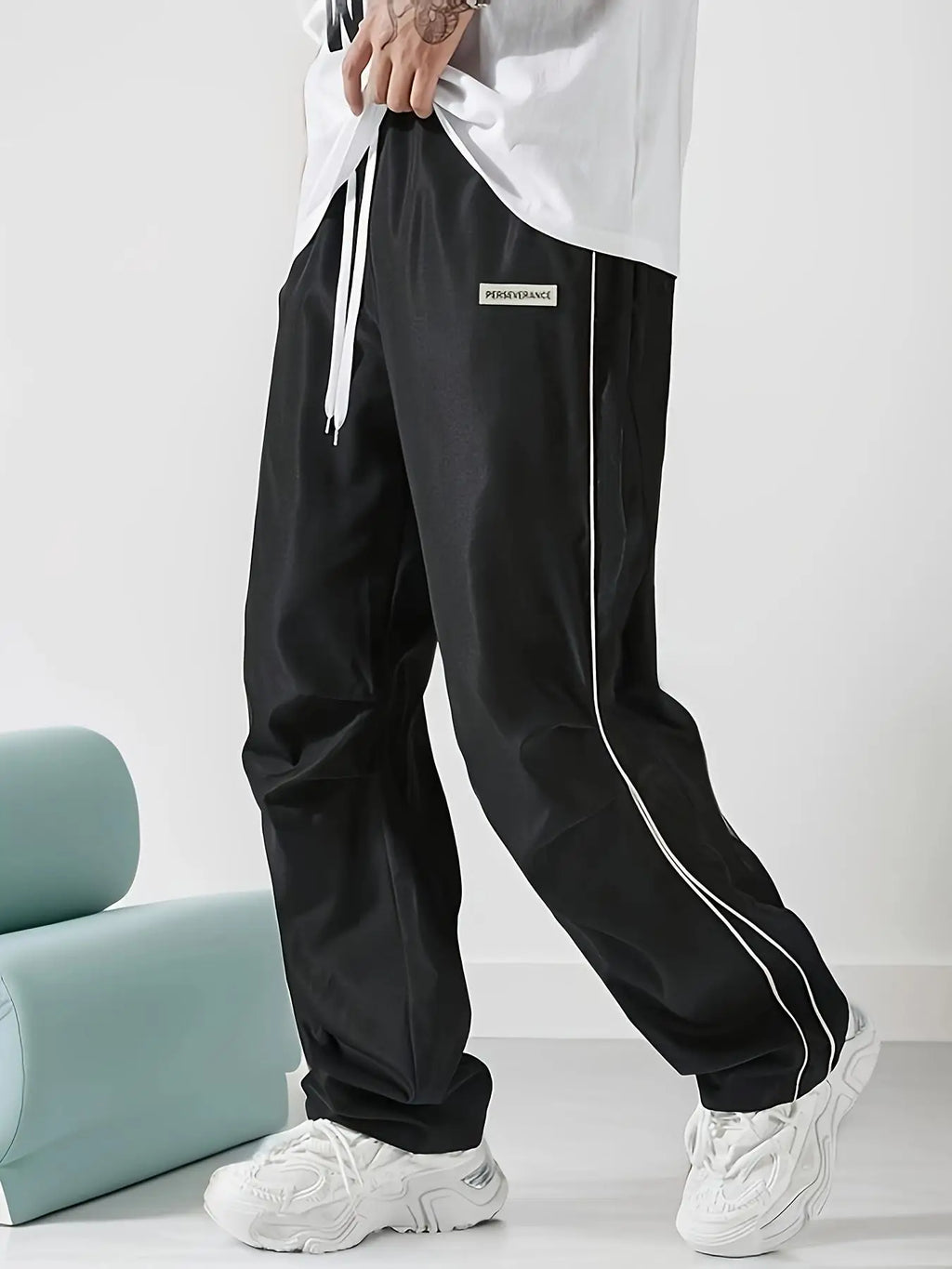 Men's Regular Plain Sports Straight Pants with Drawstrings and Elastic Waistband, Reflective Webbing Design, Suitable for Daily Leisure, Street Basketball, Fitness, Multi-Scenario Matchinging, Suitable for All Seasons