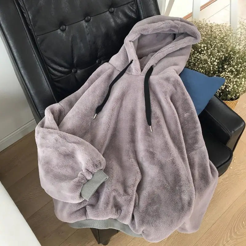 Plus Velvet Hoodies Women Hooded Thicker Furry Cozy Korean Fashion Couples Simple Winter Warm Coats Loose Outwear Slouchy Ins
