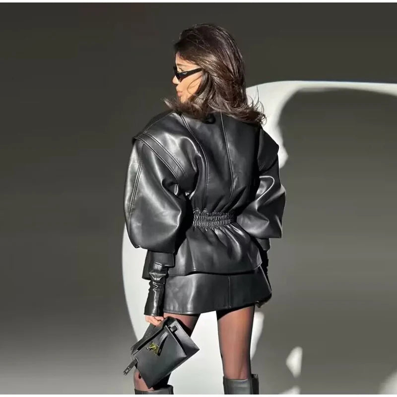Fashion Brown Slim Waist Leather Jacket Women Loose Lapel Long Sleeve One Button Zipper Jackets 2026 Spring Street Lady Outwear