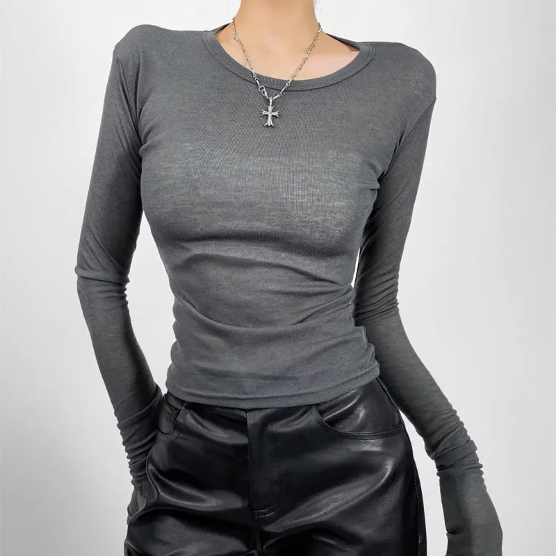 Autumn basic casual round neck long sleeved T-shirt top, high elasticity semi transparent slim knit fabric top