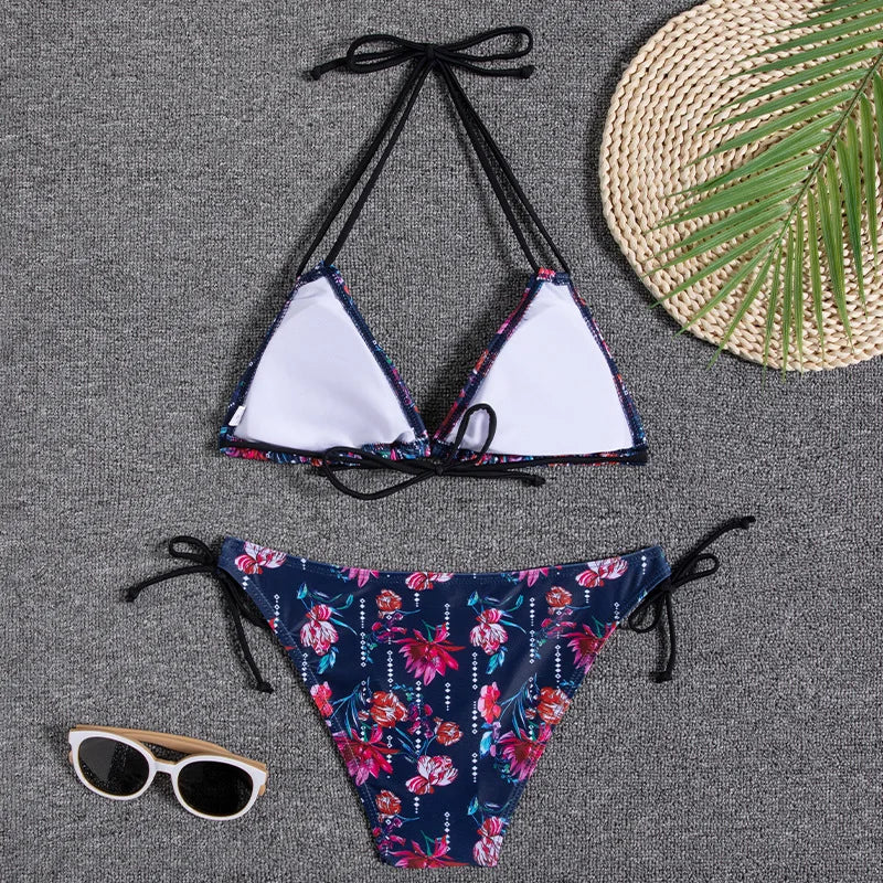Leaves Print Swimsuit for Women,low Waist Drawstring Bikini,2-piece Swimwear,V-neck Susupender Backless Bathing Suit,beachwear