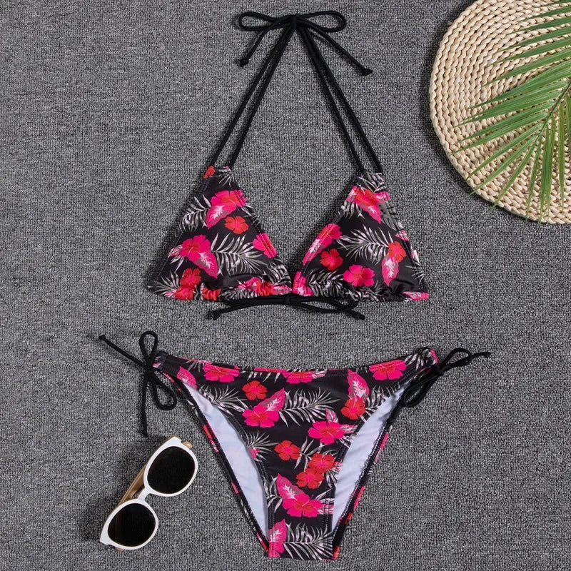 Leaves Print Swimsuit for Women,low Waist Drawstring Bikini,2-piece Swimwear,V-neck Susupender Backless Bathing Suit,beachwear