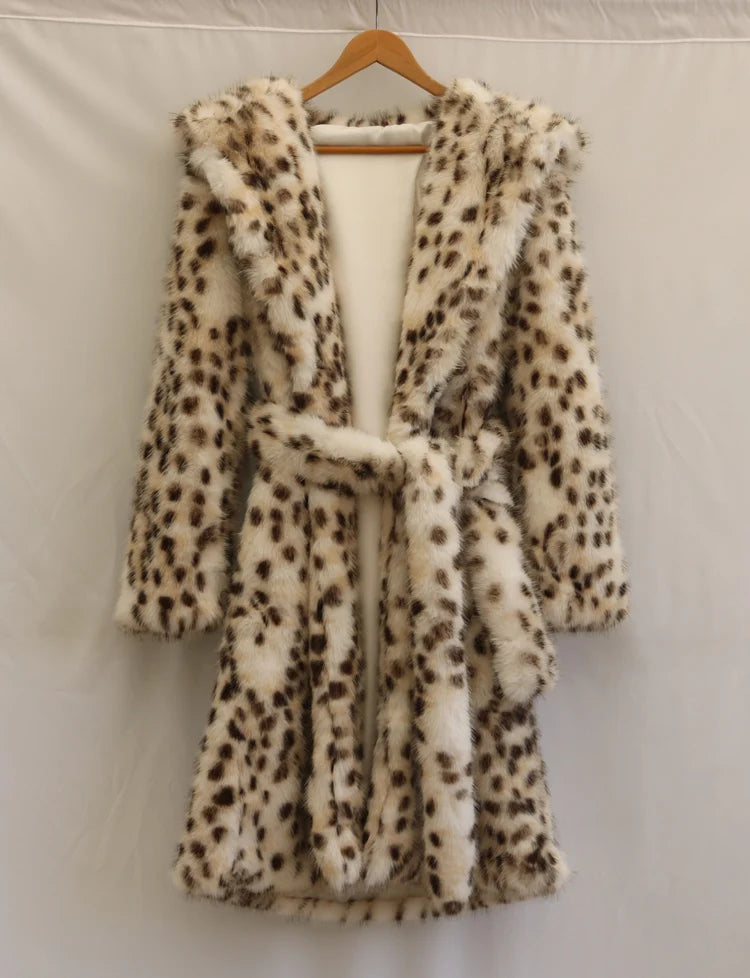 Women's leopard print faux fur coat fox fur long coat Wool hooded warm winter mink trench coat