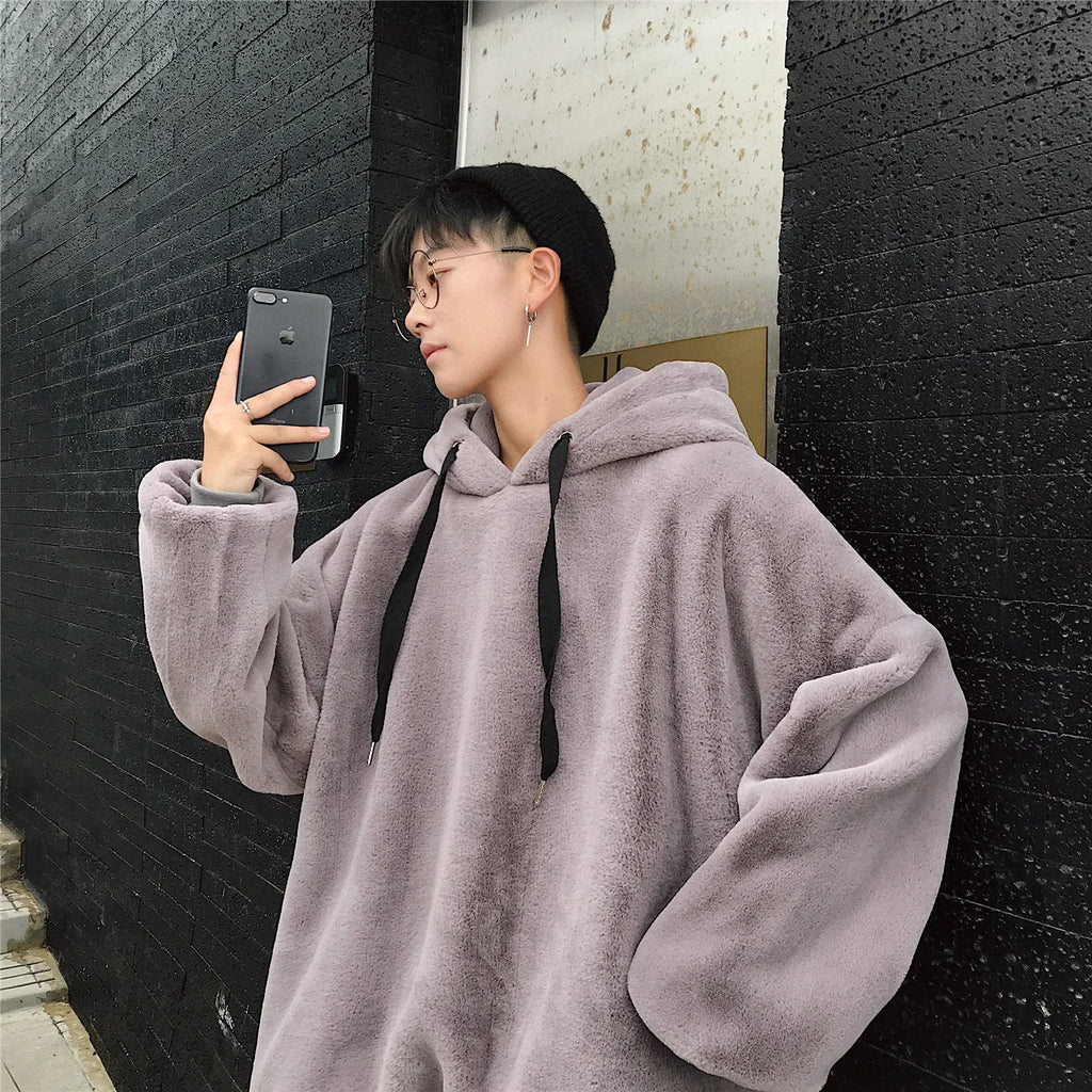 Plus Velvet Hoodies Women Hooded Thicker Furry Cozy Korean Fashion Couples Simple Winter Warm Coats Loose Outwear Slouchy Ins