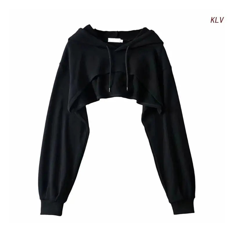Womens Long Sleeve Cropped Hoodies Sweatshirt Aesthetic Punk Hip-Hop Dance Plain Sexy Rave Cutout Loose Super Crop Top