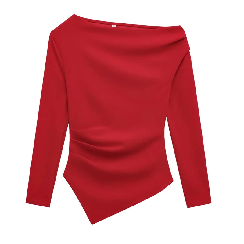 HXAO Womens Tops Off Shoulder Cropped Asymmetrical Top Spring 2025 Woman Ruffled Plain T-Shirts Long Sleeve Top Women's Blouses