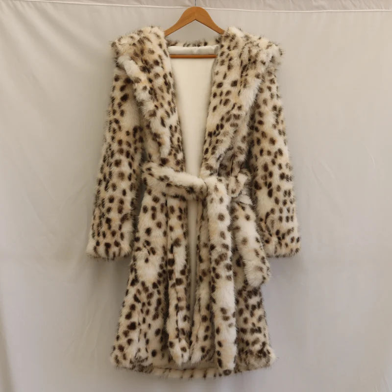 Women's leopard print faux fur coat fox fur long coat Wool hooded warm winter mink trench coat