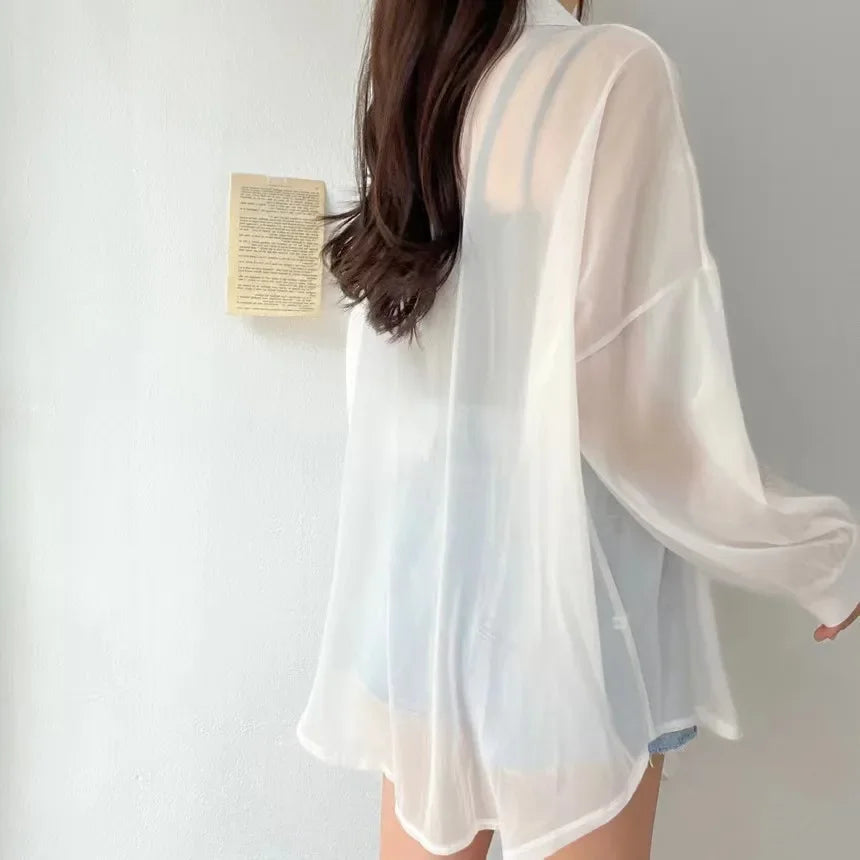 2025 Colors Shirts Women Sheer Thin Chic Summer Simple Solid Sun-proof Temper Fashion Baggy All-match Basic Korean Style Clothes