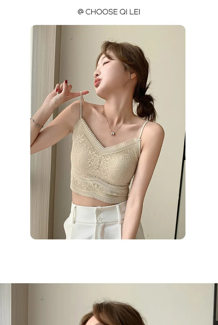 The New Women's Lace Vest with Seamless Small Halter Wrap Chest Seamless Underwear One Cup Anti-slip Bra Y2k Top Tank Top Halter