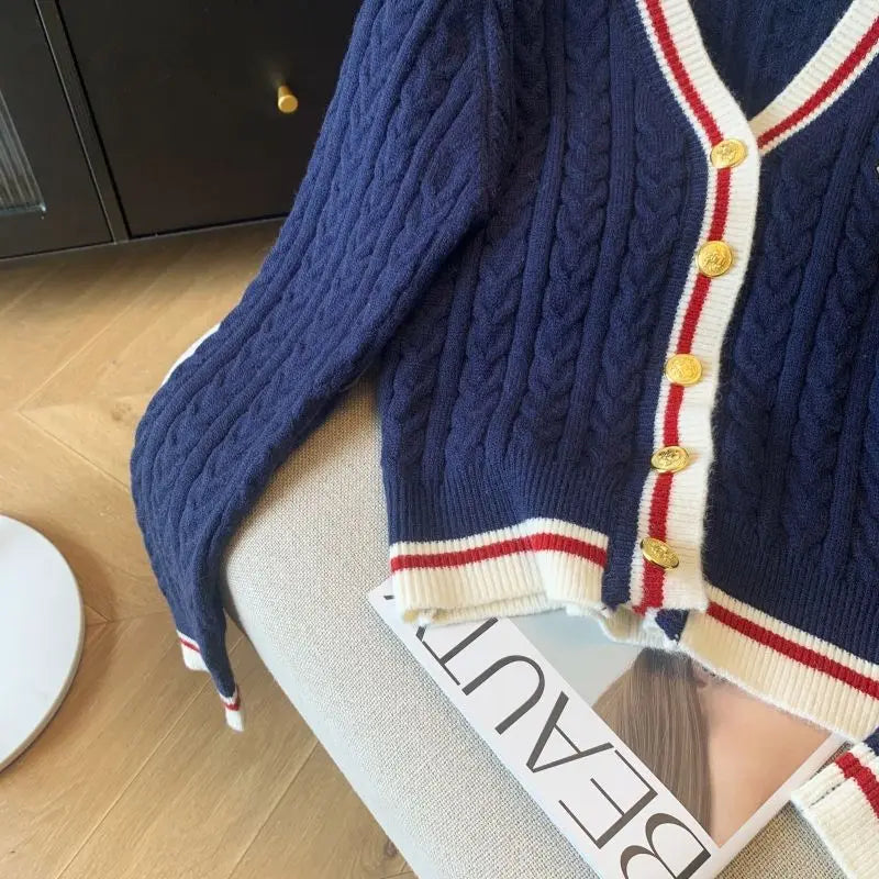 2025 Autumn Winter Preppy Style V-Neck Knitting Long Sleeve Cardigan Women Casual Appliques Single Breasted Female Loose Sweater