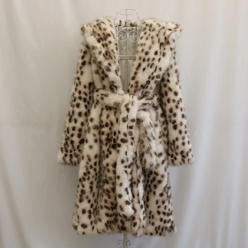 Women's leopard print faux fur coat fox fur long coat Wool hooded warm winter mink trench coat