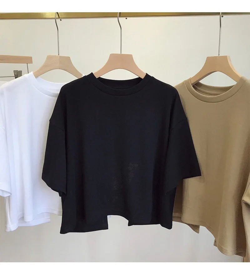 Summer Clothes Korean Sexy Backless Short O-Neck Women Casual Solid Color T-Shirt Short Sleeve Girl Tee Shirt Fashion Tops