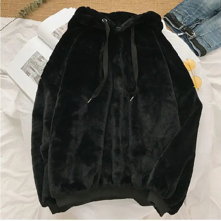 Plus Velvet Hoodies Women Hooded Thicker Furry Cozy Korean Fashion Couples Simple Winter Warm Coats Loose Outwear Slouchy Ins