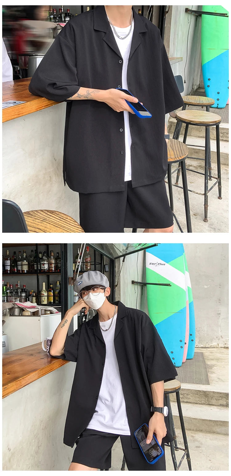 Summer Two-Piece Men's Sets Shirt and Shorts Casual Outfits Oversized Short Suit Plain Clothes Clean Fit Black White Green