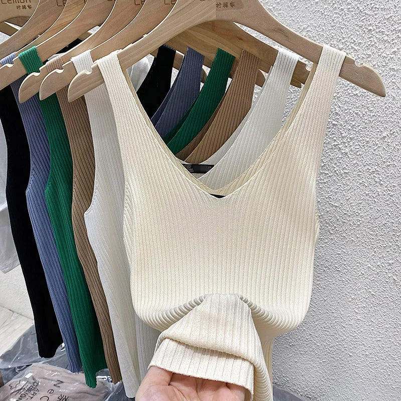 Zjaiss 2026 Summer Fashion Women Camisole Ice Silk Knit Tank Top Slim Fit Sleeveless Base Top Solid Color V-Neck Crop Top