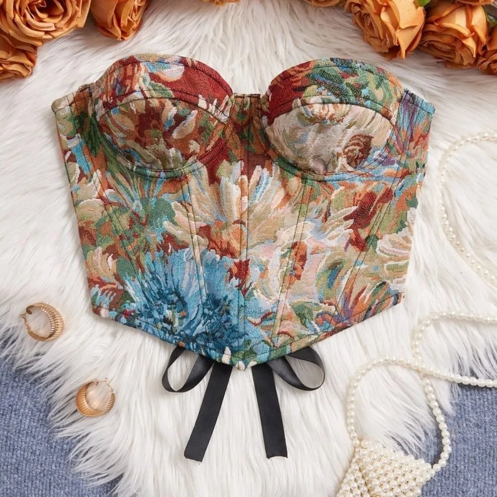 Boned Floral Underwired Corset Off-shoulder Abdominal Shaping Women's Shapewear Multi-Color Jacquard Strapless Corset Top